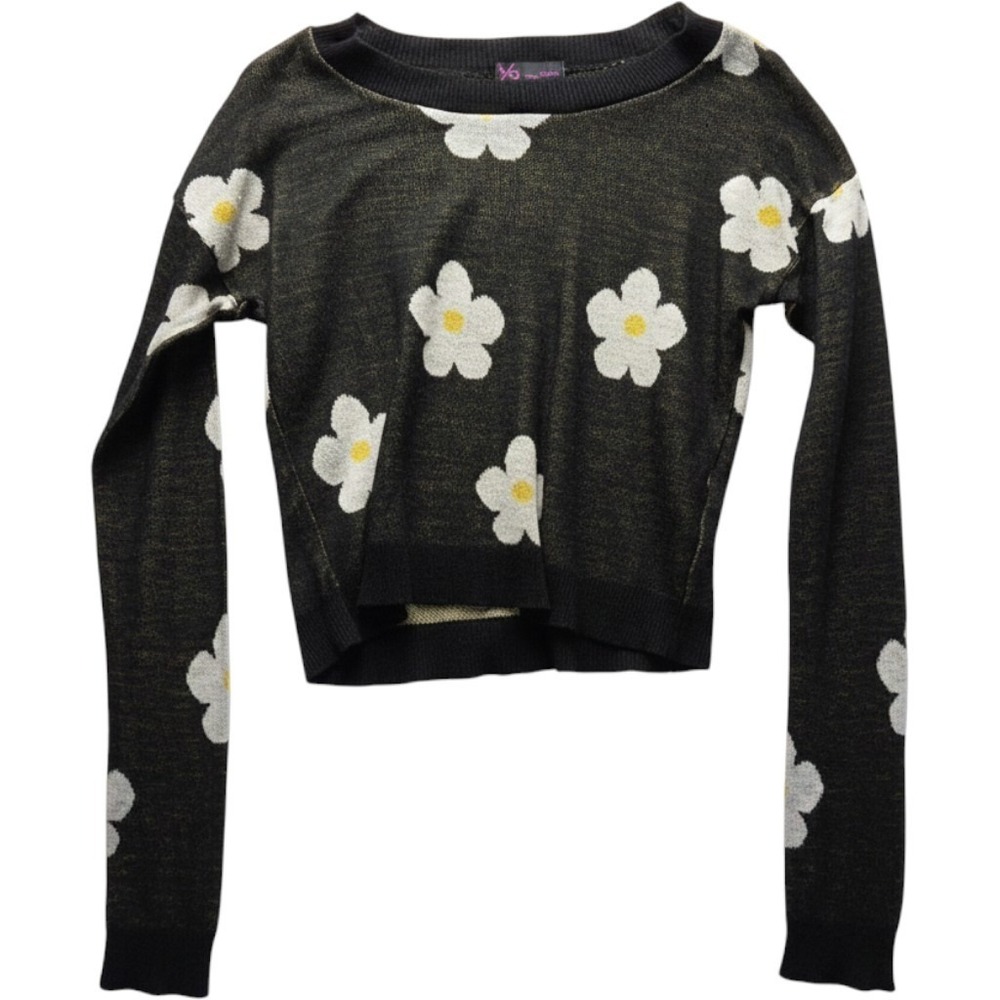 t/o Sweaters Floral Knit Top Kids XS Black White Daisy Long Sleeve Cropped